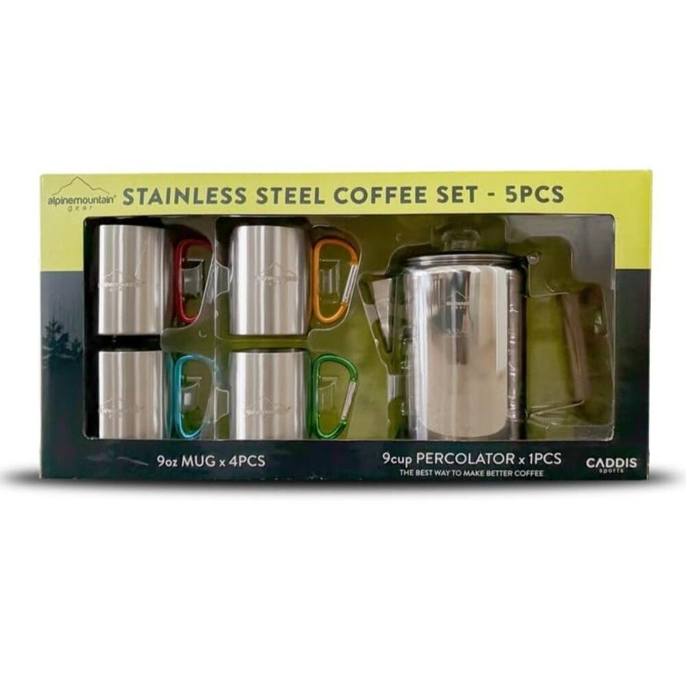Alpine Mountain Gear Stainless Steel Coffee Set 5 Pc Camping Percolator Mugs